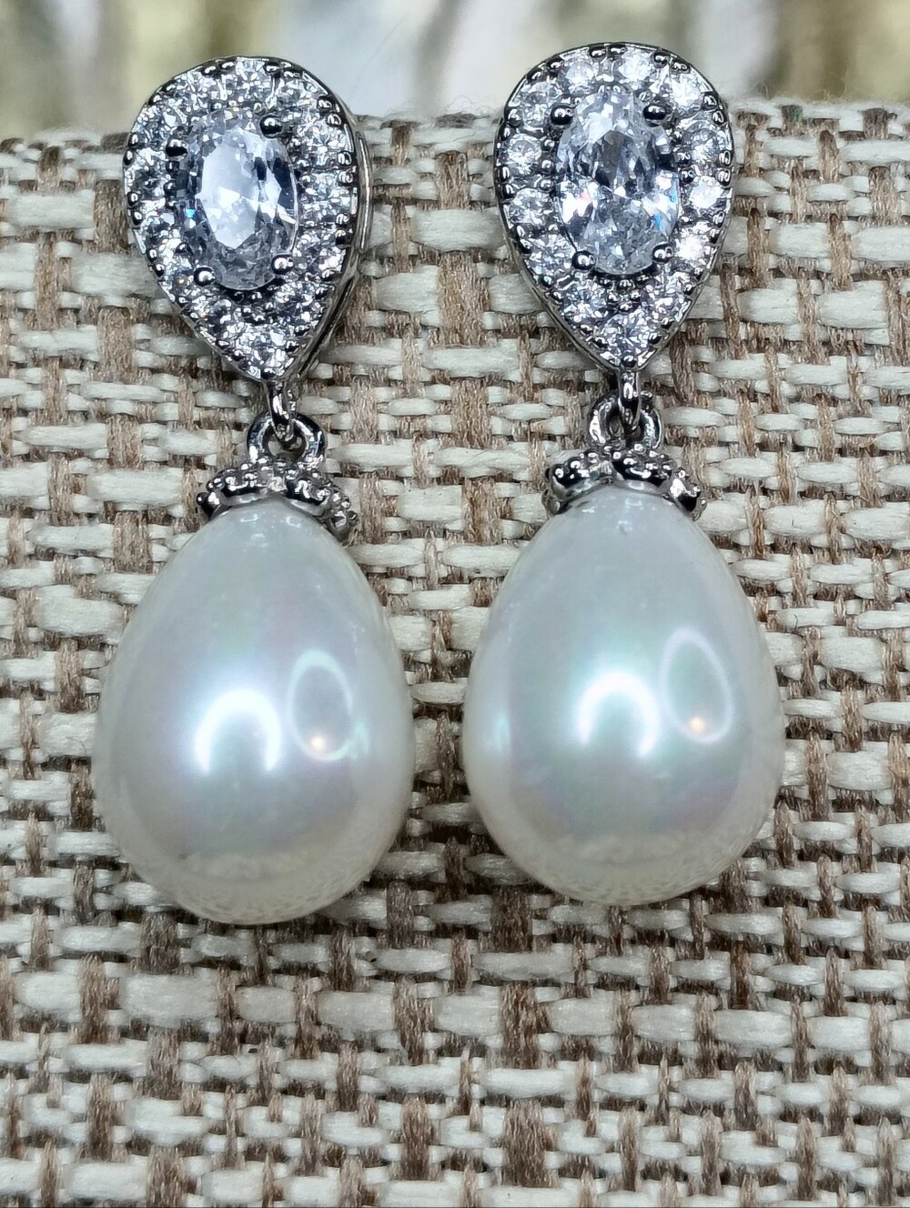 White Pearl Teardrop Drop Earrings with Crystal Halo Accents